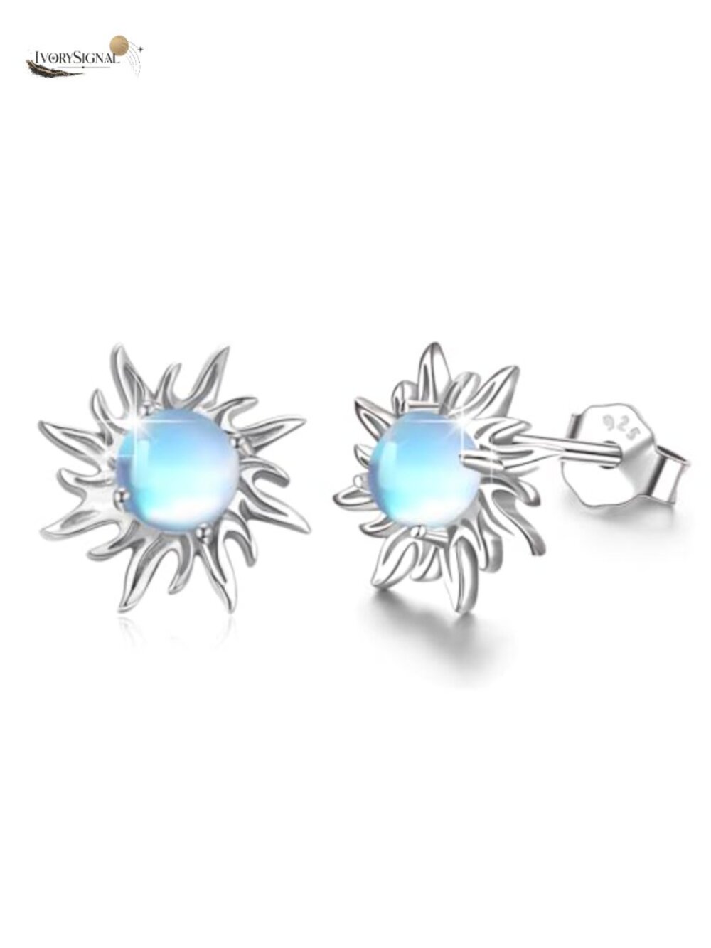 925 Sterling Silver Sun Stud Earrings Rainbow Moonstone Celestial